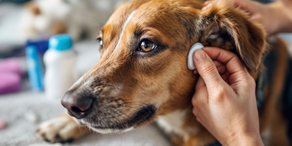 Person cleaning dog's ear with gentle care.