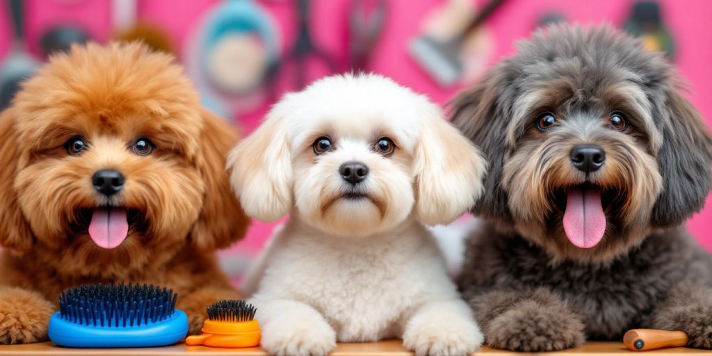 Different dog breeds with unique coat types for grooming.