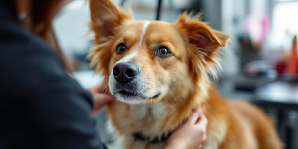 Calm dog enjoying a grooming session with a professional.