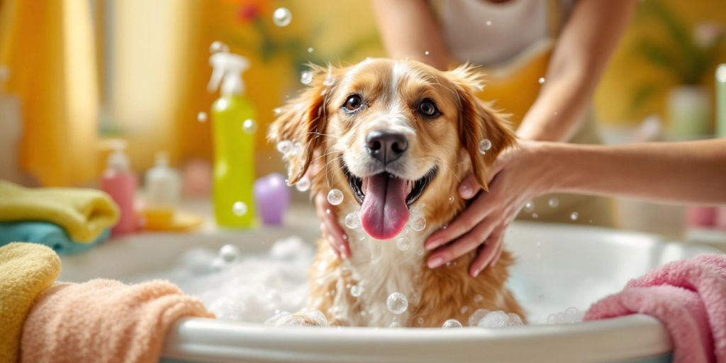 Happy dog being bathed with bubbles in a bathroom.
