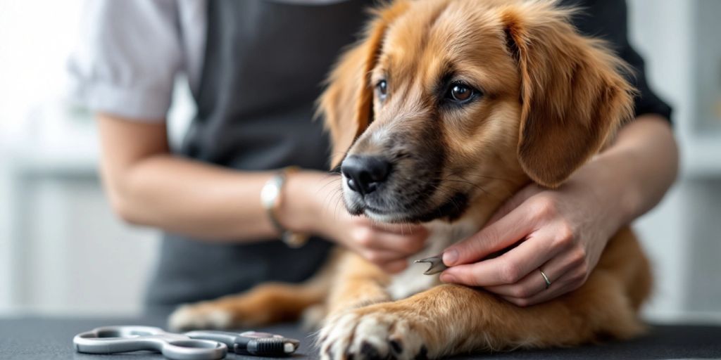 Dog getting nails trimmed by a groomer peacefully.