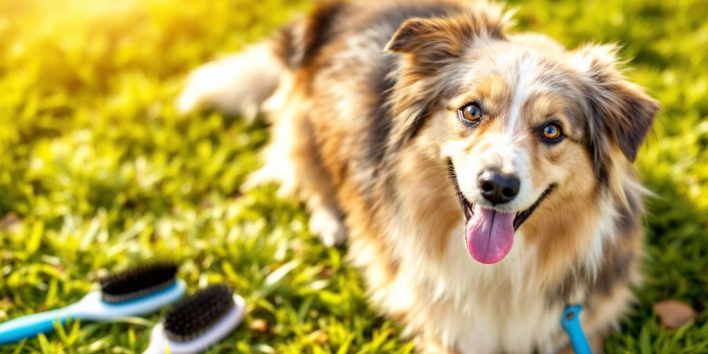Happy dog with smooth coat and grooming tools.
