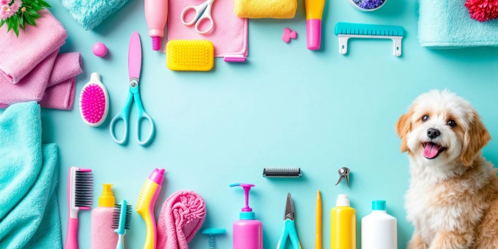 Grooming products including brushes, shampoos, and clippers.
