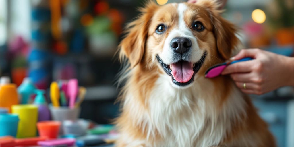 Happy dog being groomed with colorful tools in salon.